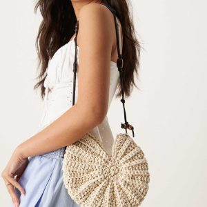 ASOS DESIGN hand crochet ammonite shell crossbody with bead handle in cream