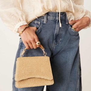 ASOS DESIGN resin and straw top handle crossbody bag in neutral